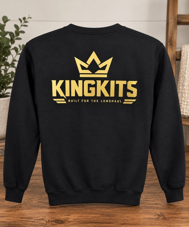 Black KingKits sweatshirt with a gold crown and wordmark.