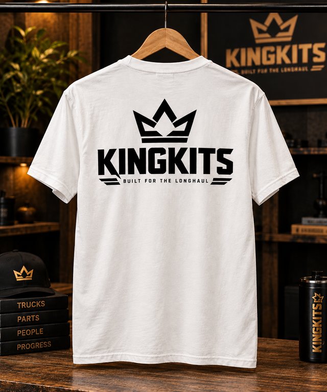 White KingKits T-shirt with the black crown and wordmark.